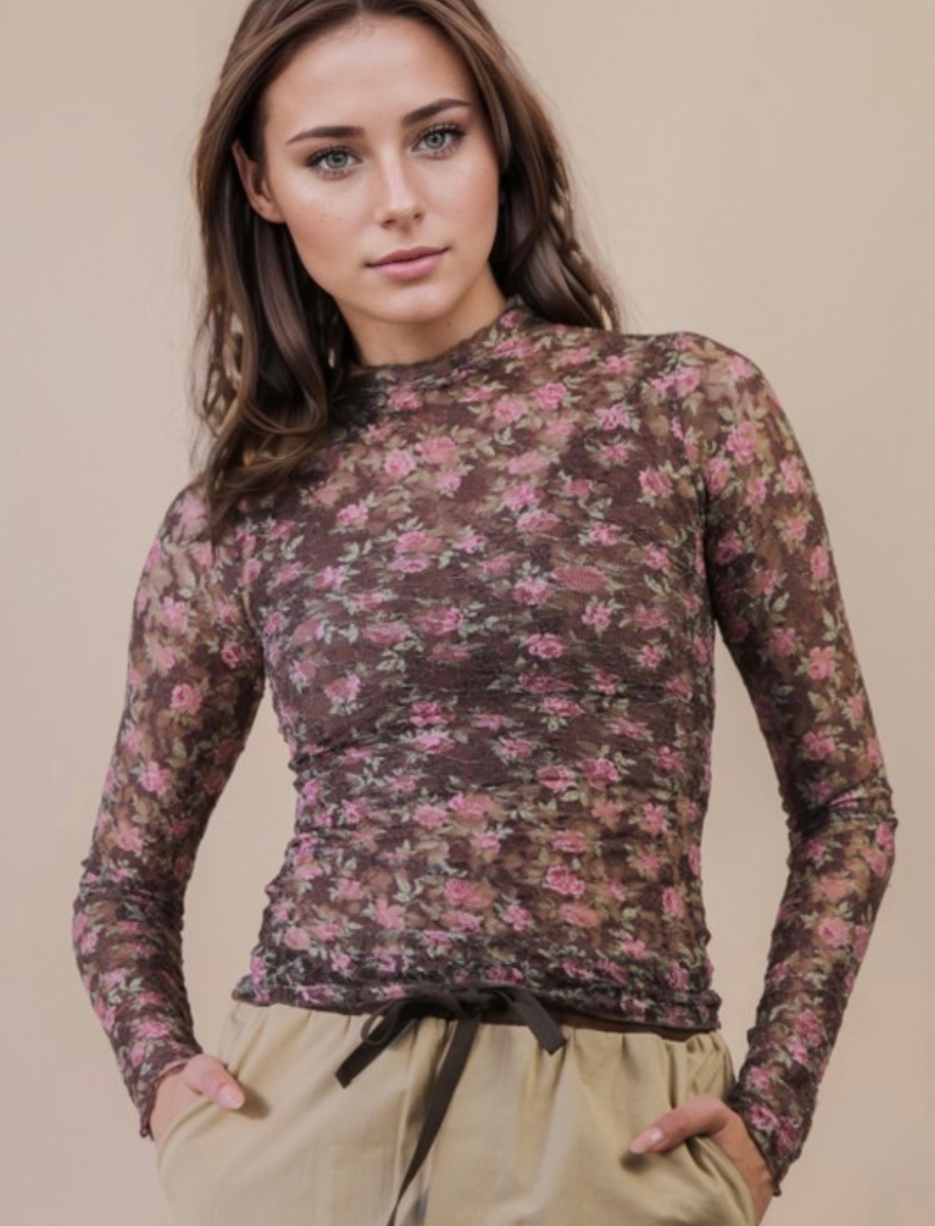 Chocolate Floral Fitted Mesh Lace Top