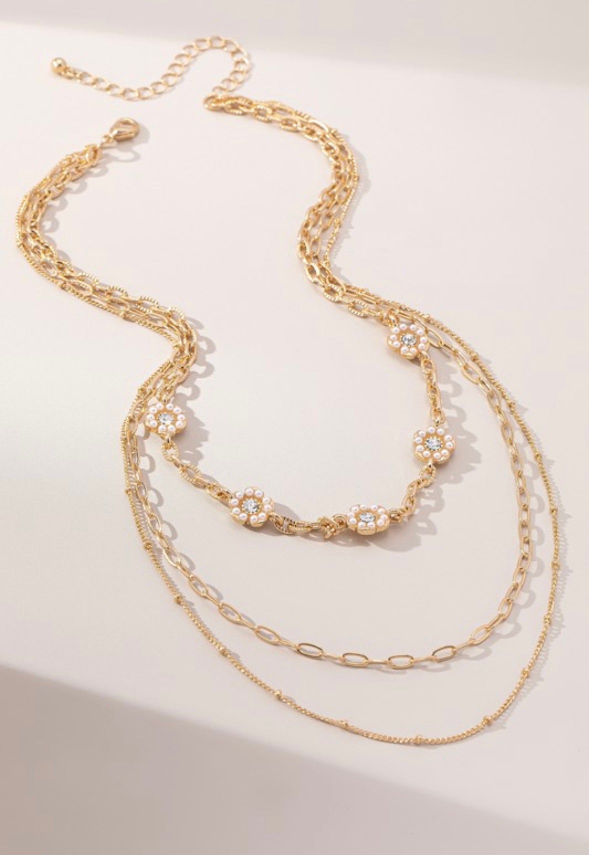 Layered Chain Necklace W/ Floral Pearl Accents