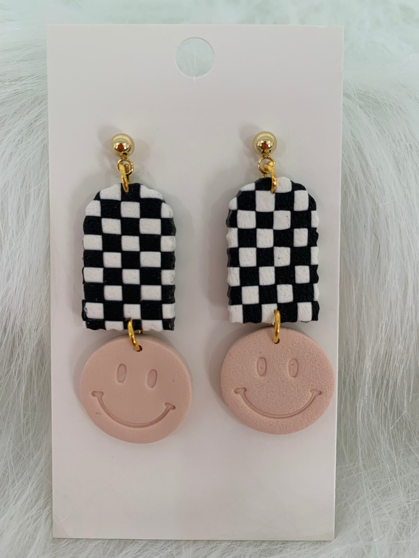 Smiley Face- Checkered- Clay Earrings