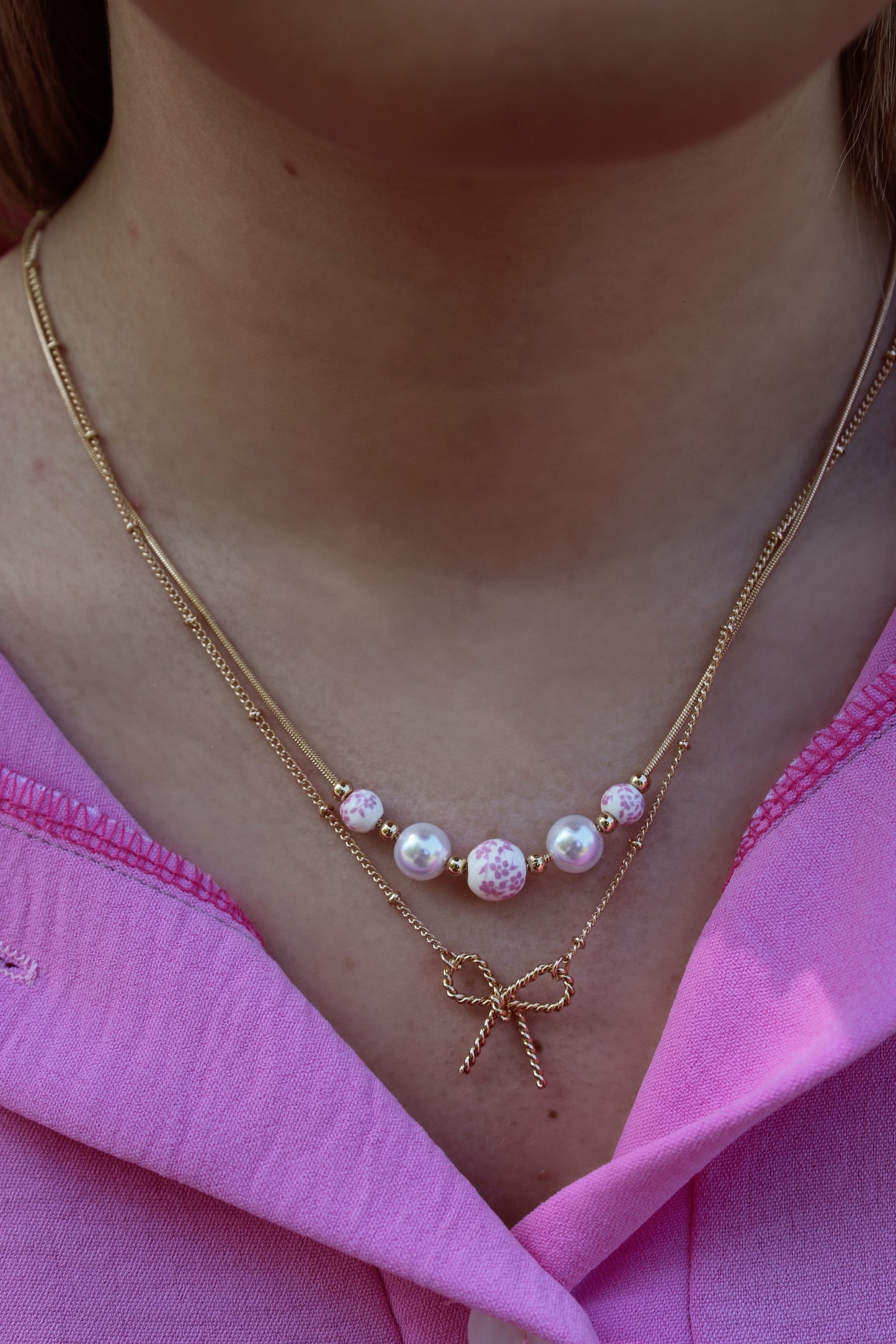 Pink Ceramic Porcelain Pearl Bow Necklace