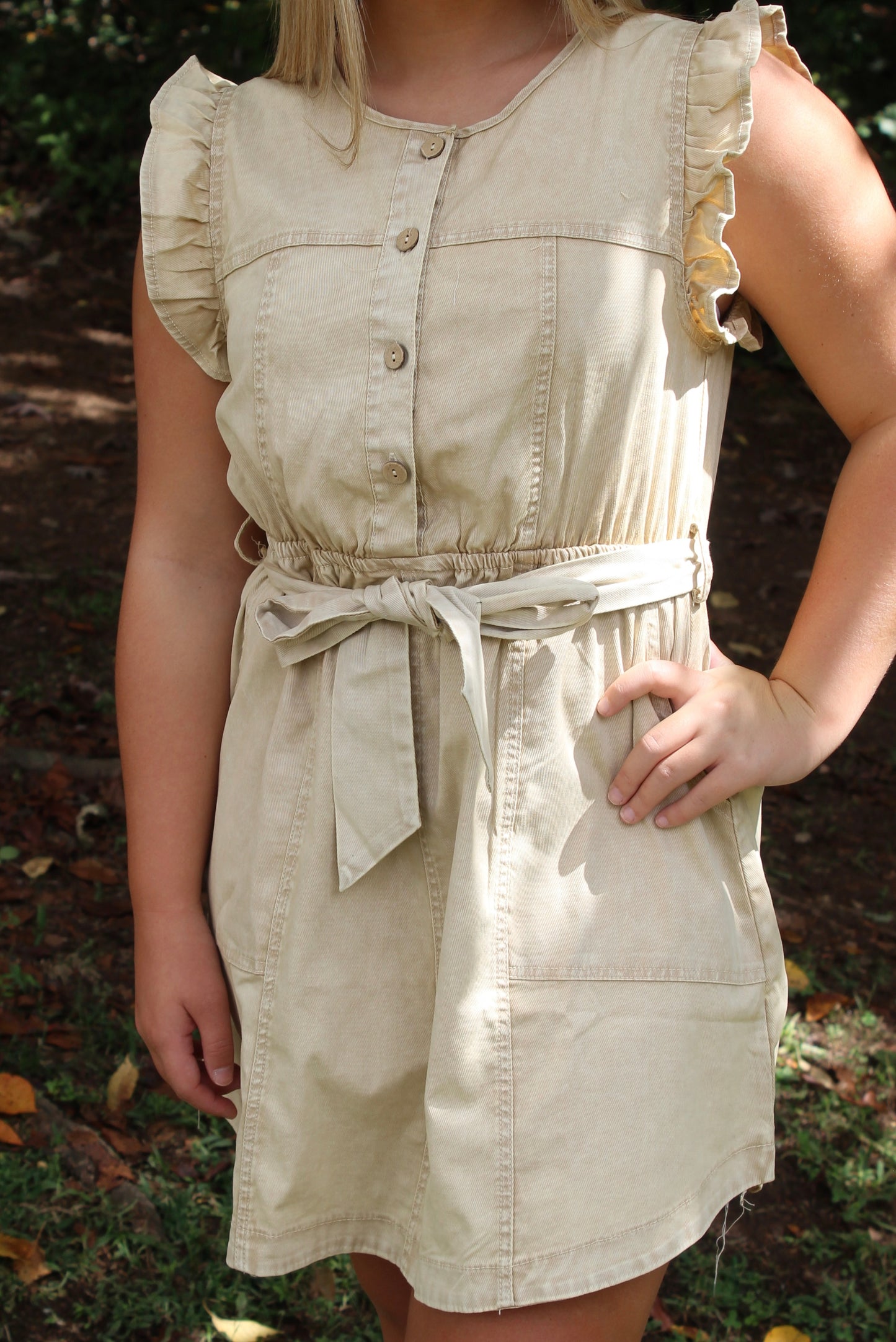Chambray Ruffle Mini Dress - Beige