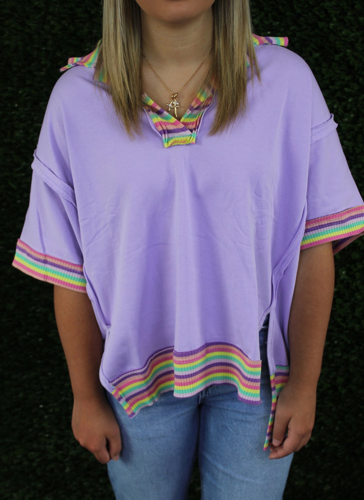 Multi Color Rib Contrast Collar Top