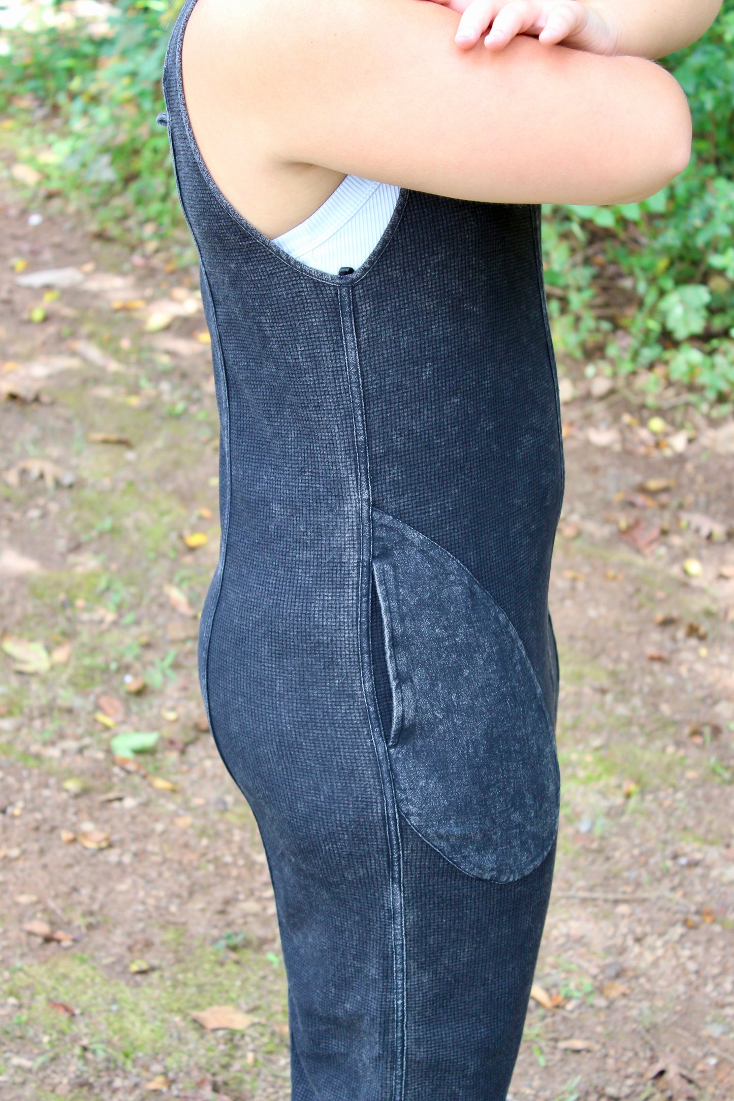 Mineral Washed Waffle Knit Jumpsuit - Black
