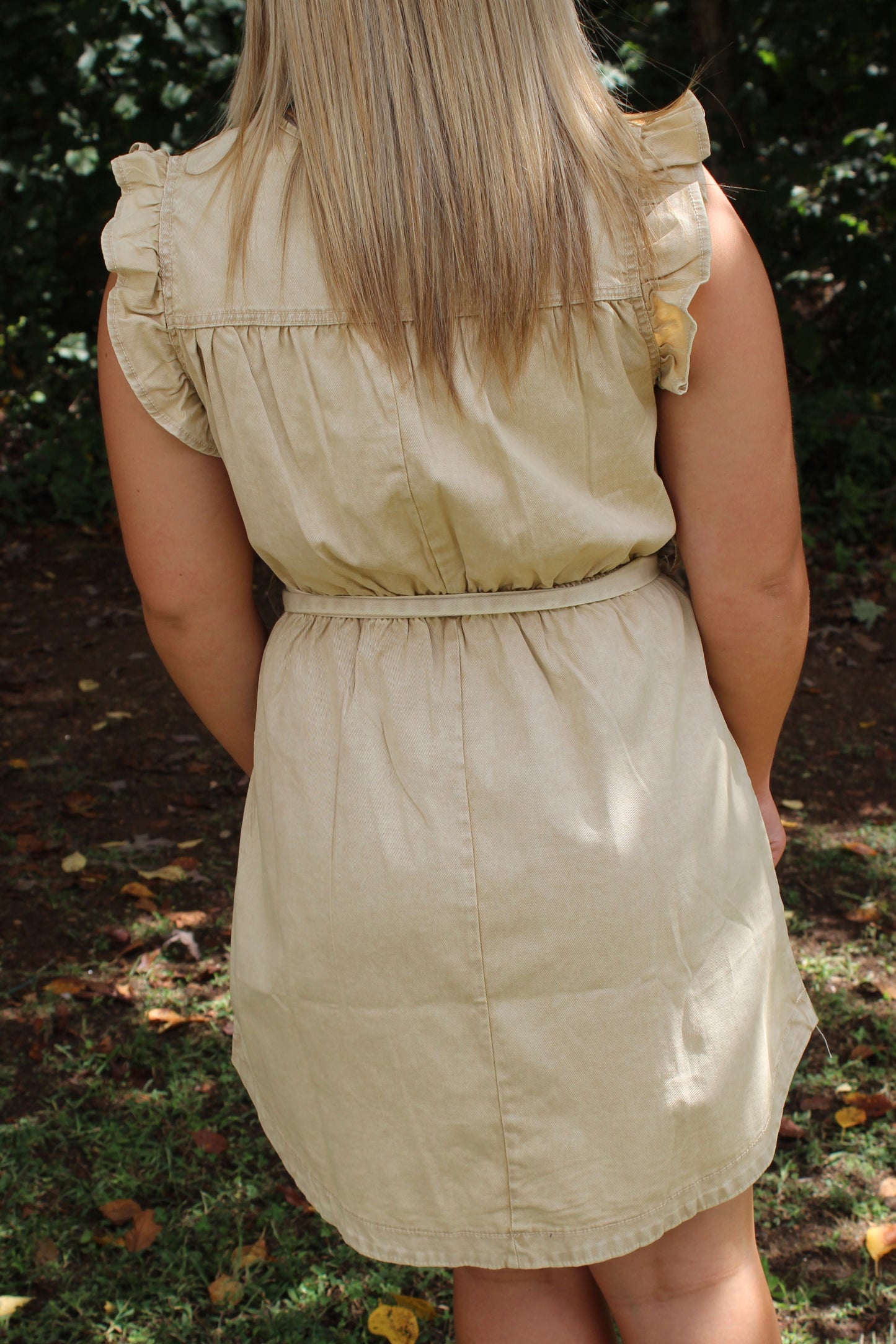 Chambray Ruffle Mini Dress - Beige