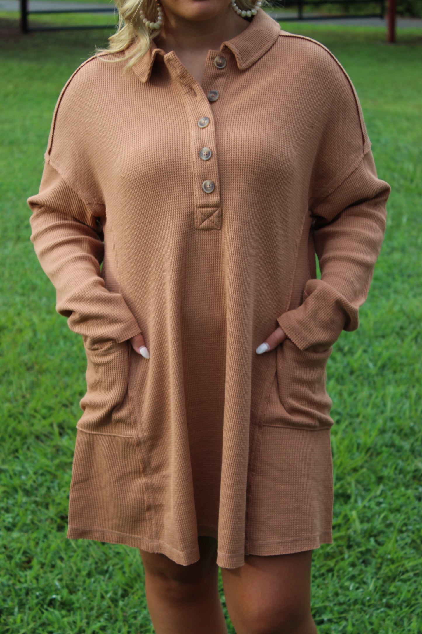 Casual Collared Henley Mini Dress - Camel