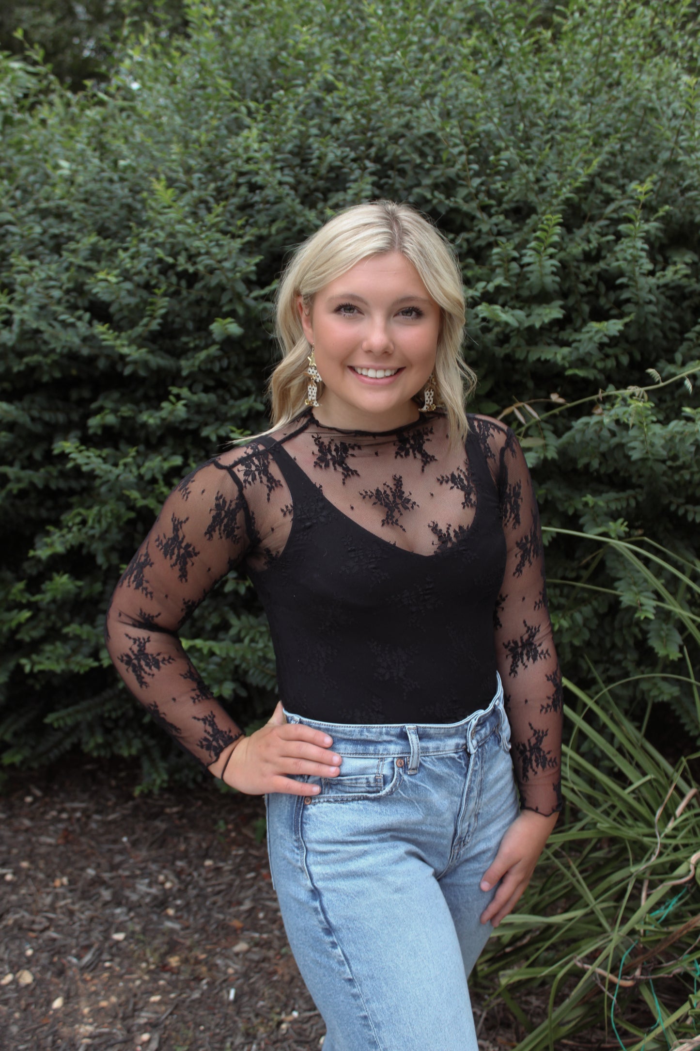 Sheer Lace Long Sleeve Top - Black