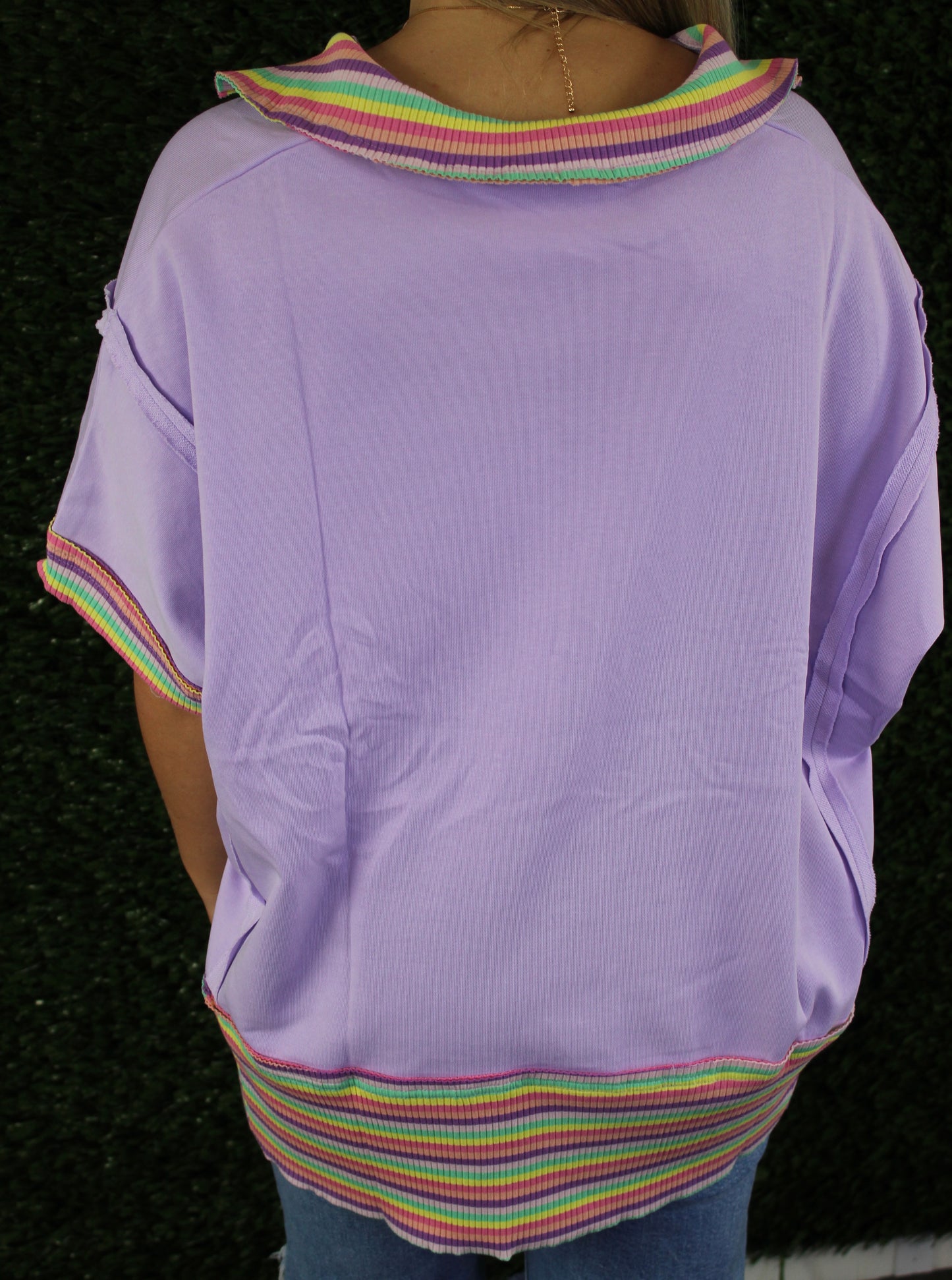 Multi Color Rib Contrast Collar Top
