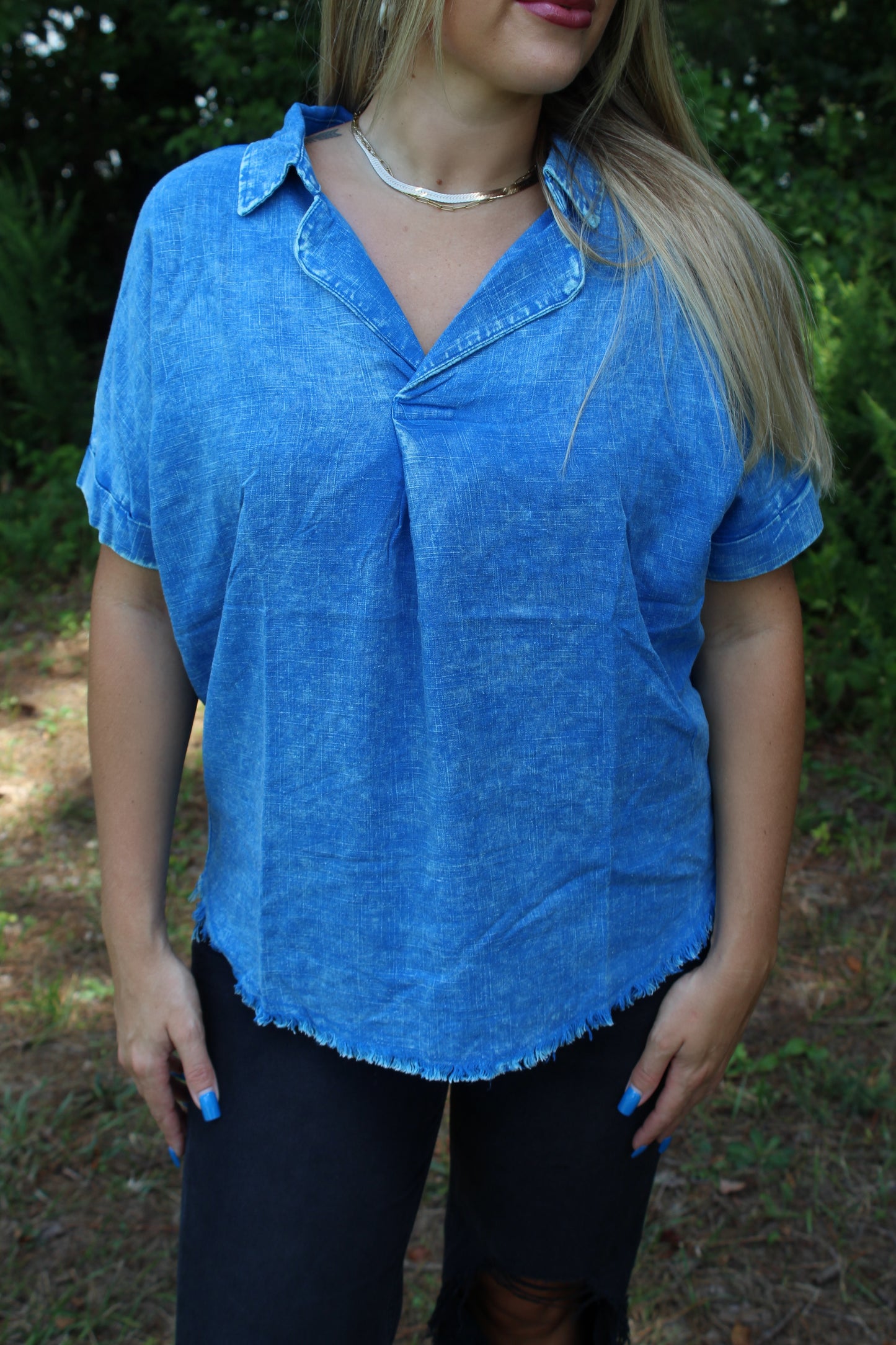 Washed Linen Raw Edge V-Neck Top
