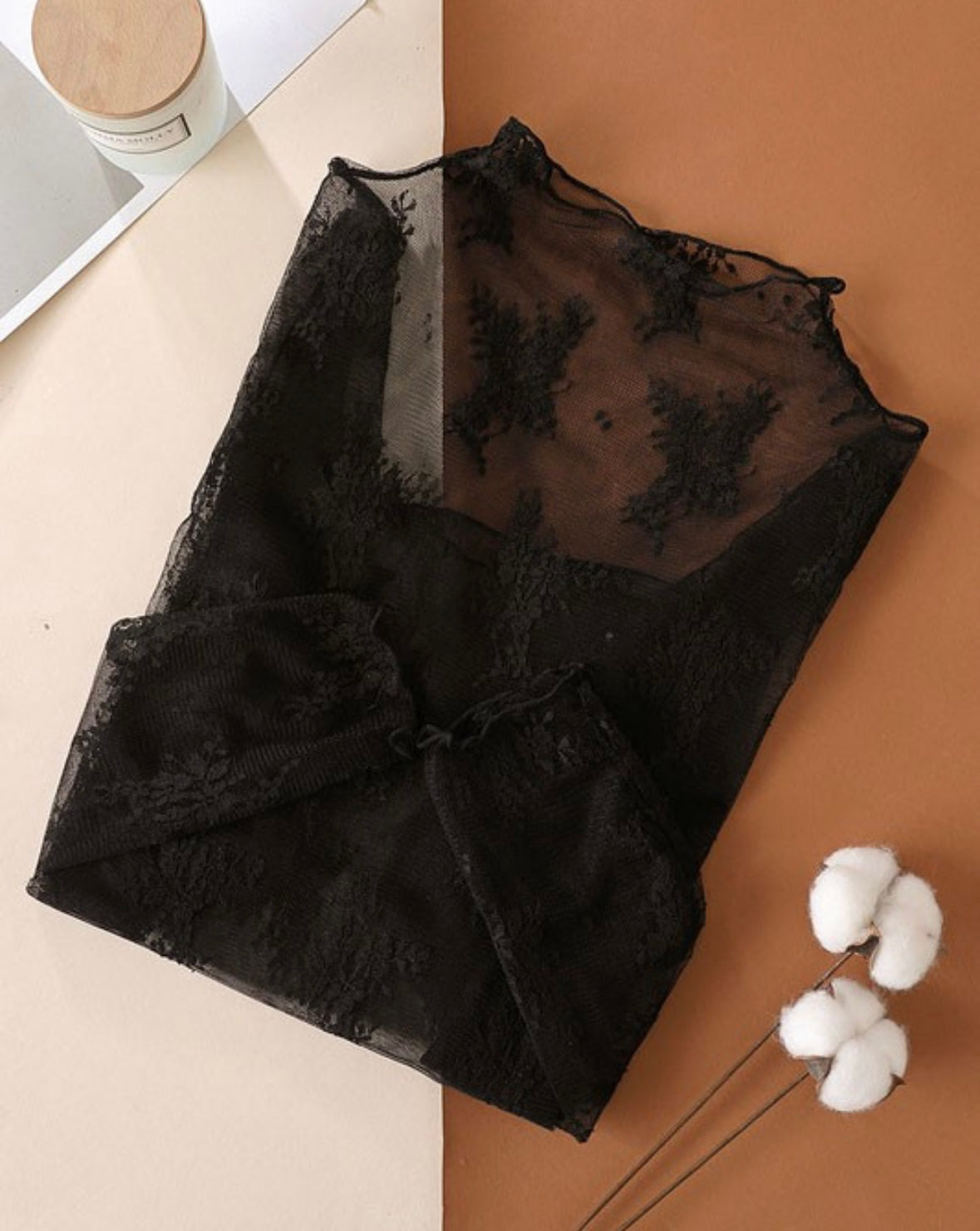 Sheer Lace Long Sleeve Top - Black
