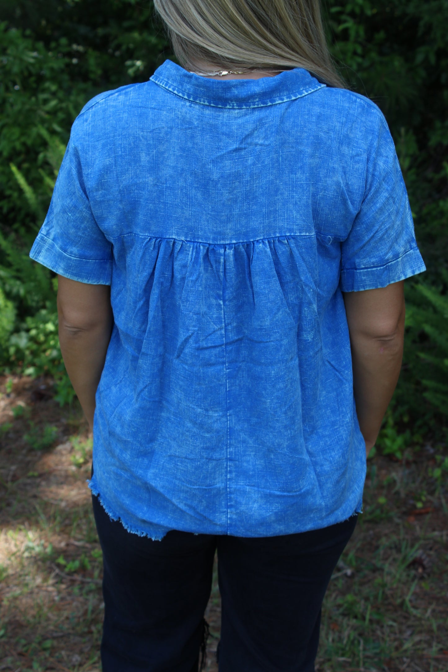 Washed Linen Raw Edge V-Neck Top