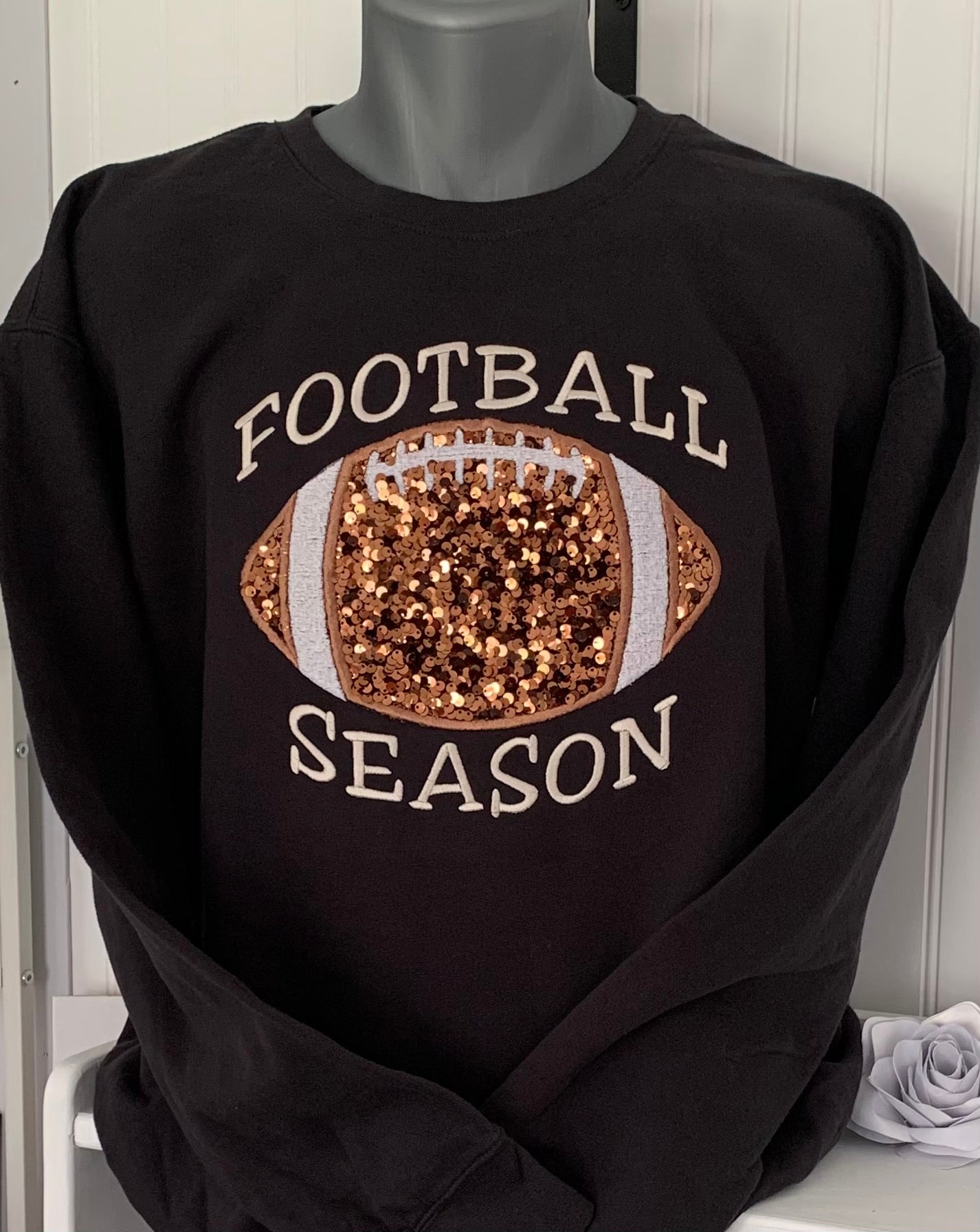 Football Season Sequin Embroidered Sweatshirt - Black