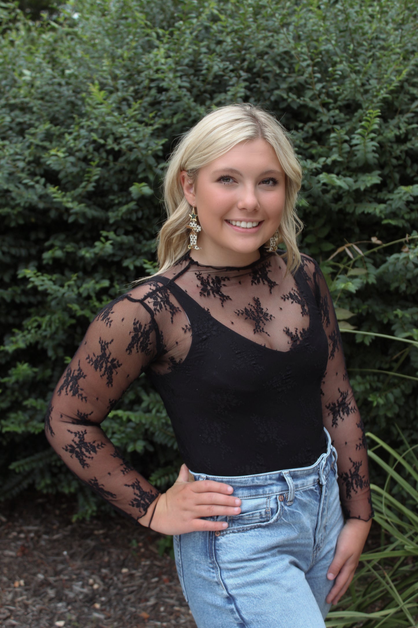 Sheer Lace Long Sleeve Top - Black