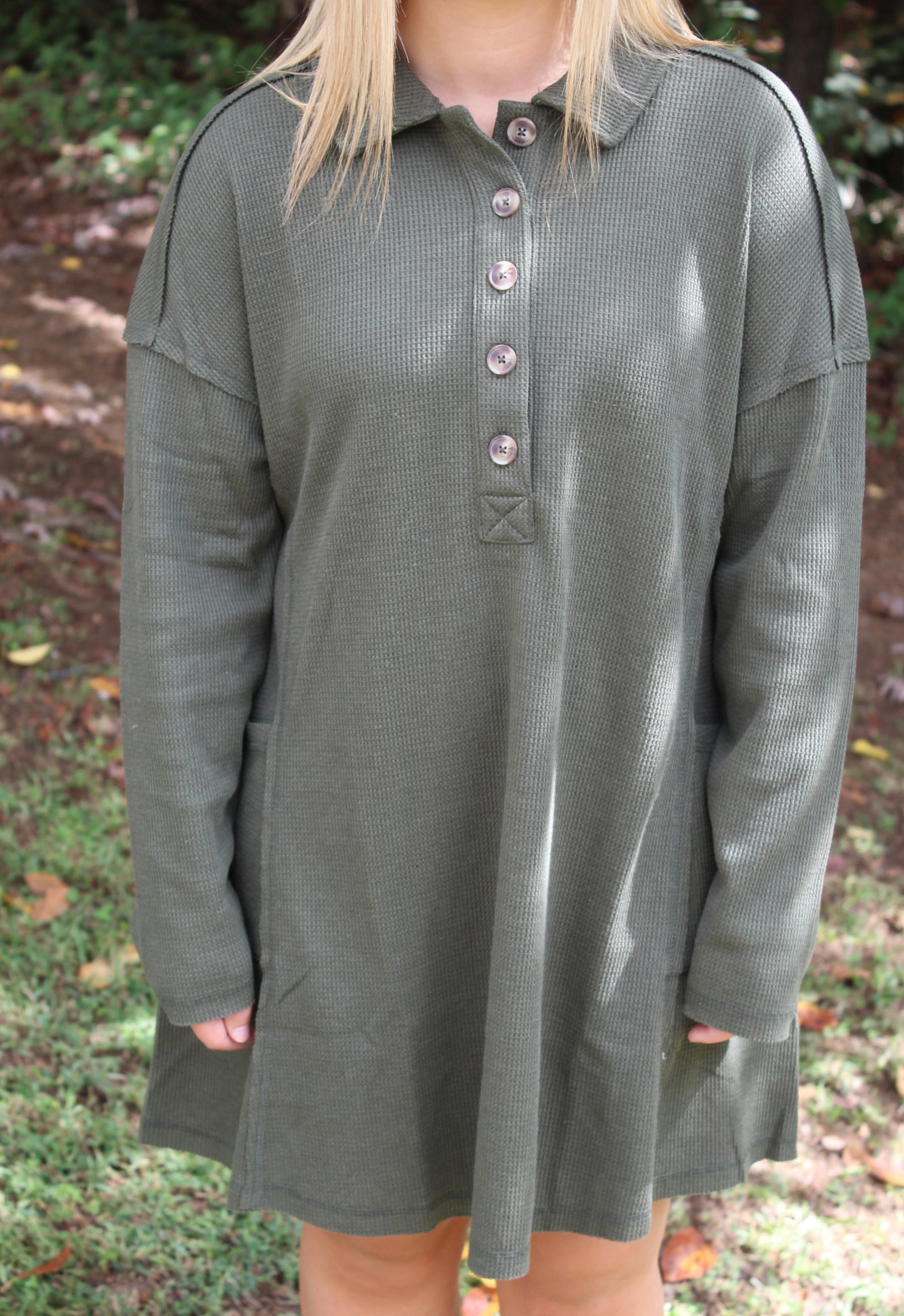 Casual Collared Henley Mini Dress - Olive