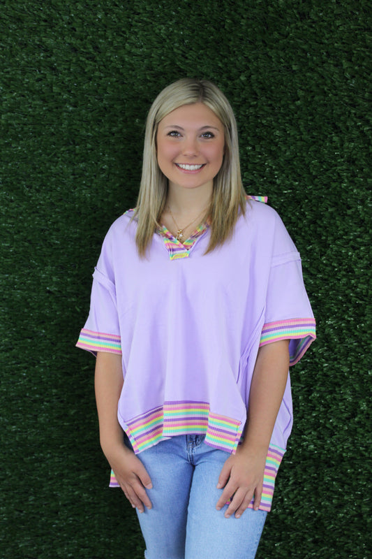 Multi Color Rib Contrast Collar Top