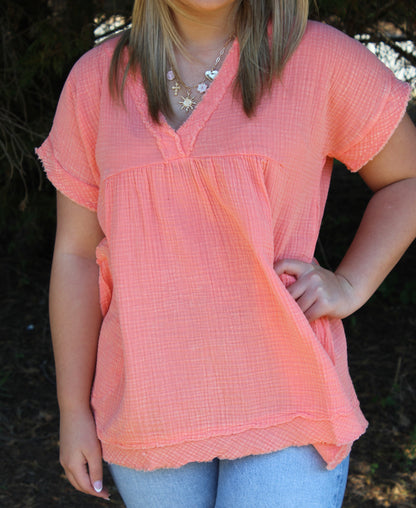 Washed Double Gauze Raw Edge Top - Coral