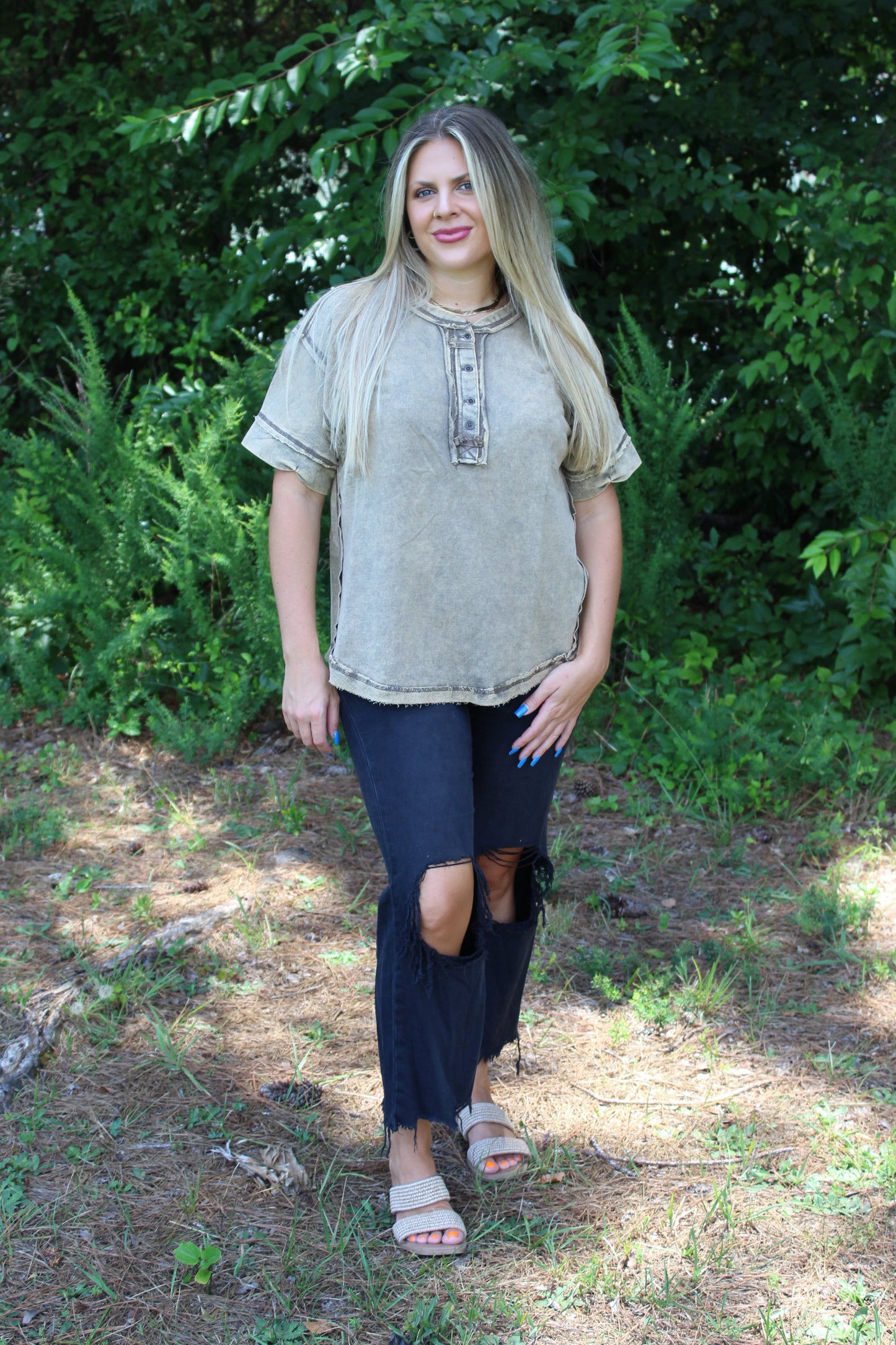 Raw Edge Button Closure Scoop Neck Top