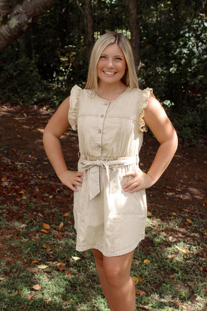 Chambray Ruffle Mini Dress - Beige