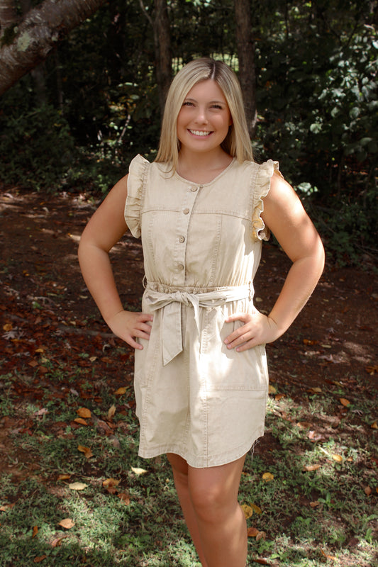 Chambray Ruffle Mini Dress - Beige