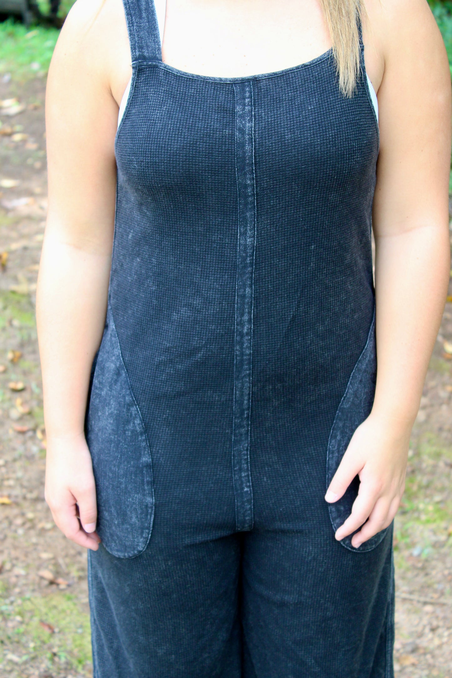 Mineral Washed Waffle Knit Jumpsuit - Black