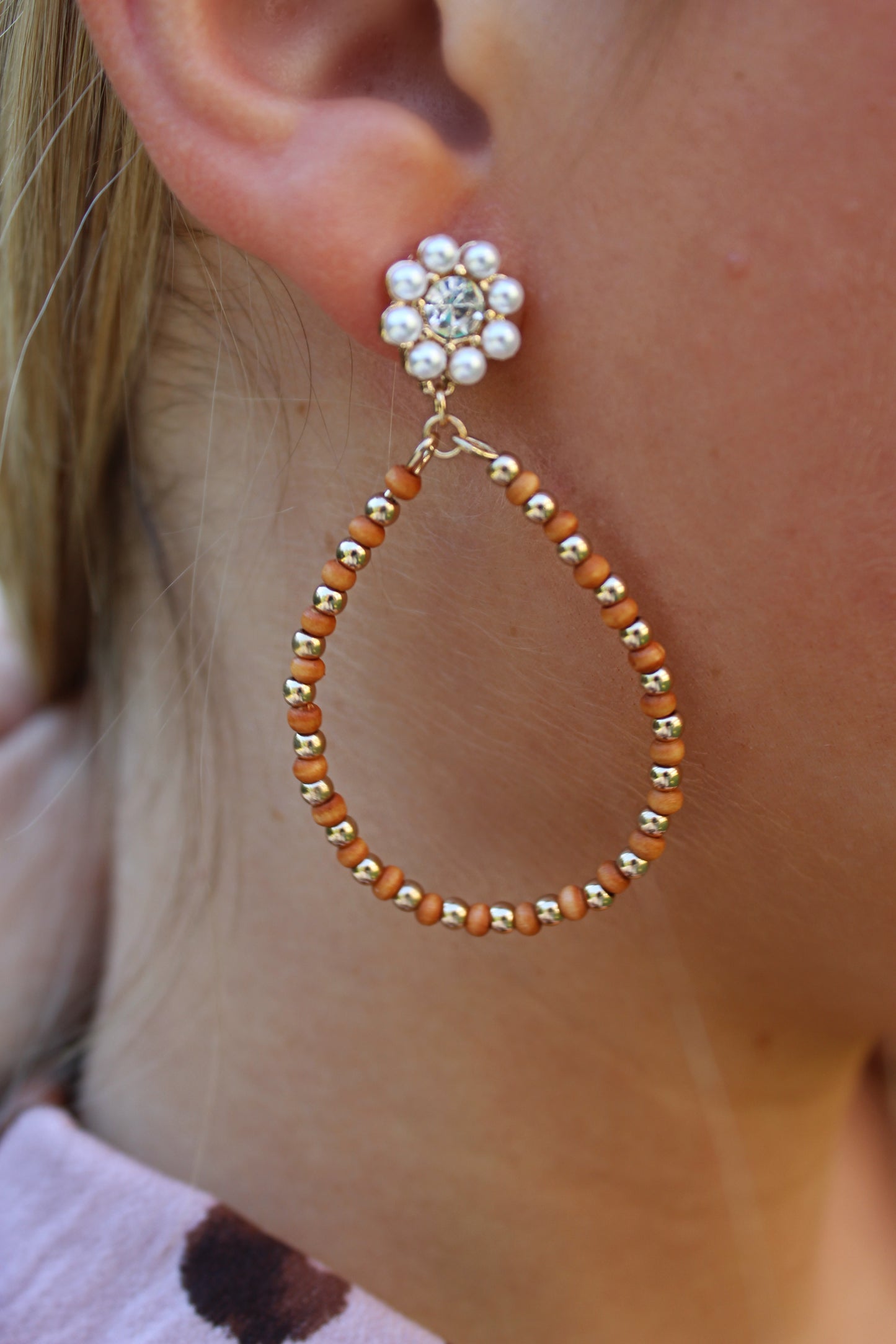 Pearl Flower Wood Beaded Drop Earrings