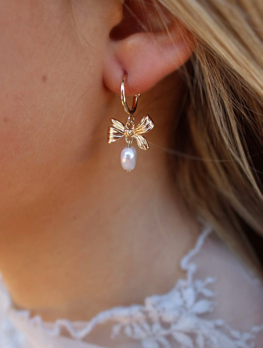 Bow & Pearl Heart Drop Earrings