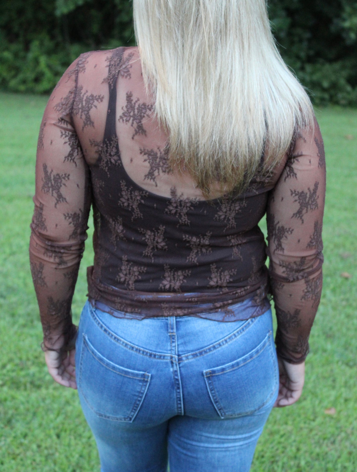 Sheer Lace Long Sleeve Top - Brown