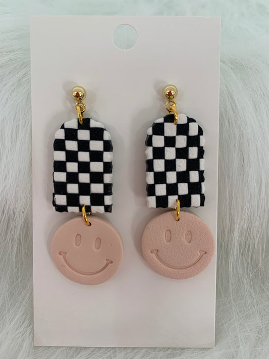 Smiley Face- Checkered- Clay Earrings