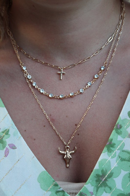Triple Layer Cross & Cow Skull Necklace