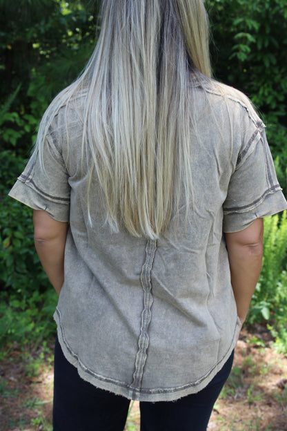 Raw Edge Button Closure Scoop Neck Top