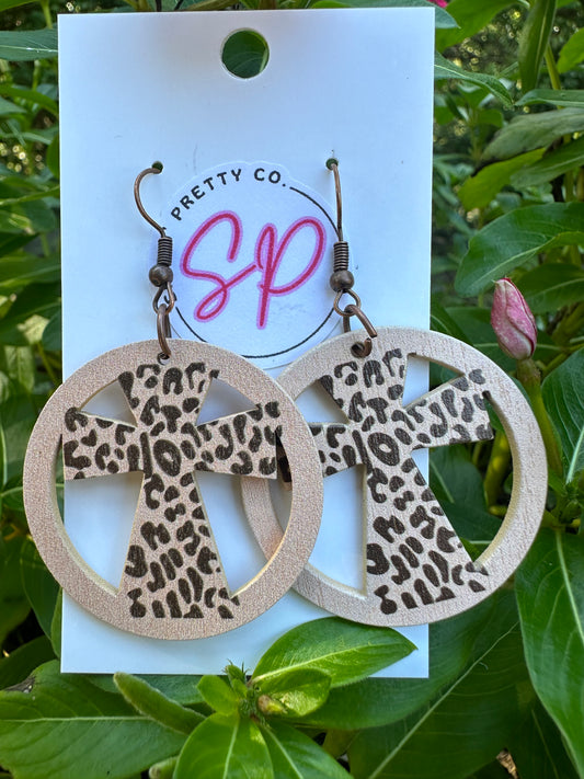 Wooden Leopard Cross Earrings