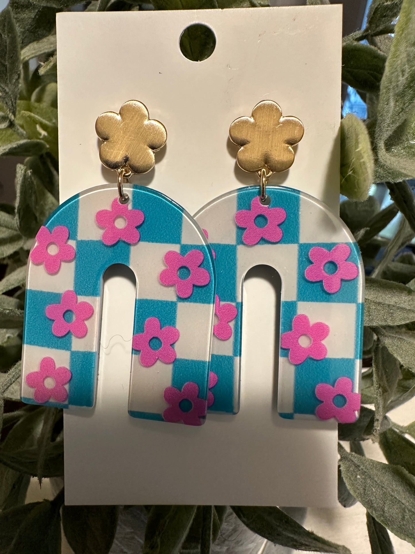 Blue Checkered Flower Arch Earrings