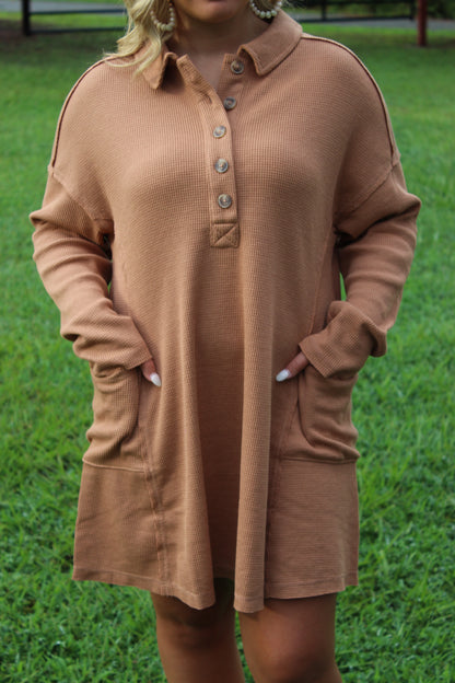 Casual Collared Henley Mini Dress - Camel