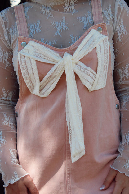 Bow Lace Ribbon Detailed Overalls - Light Mauve