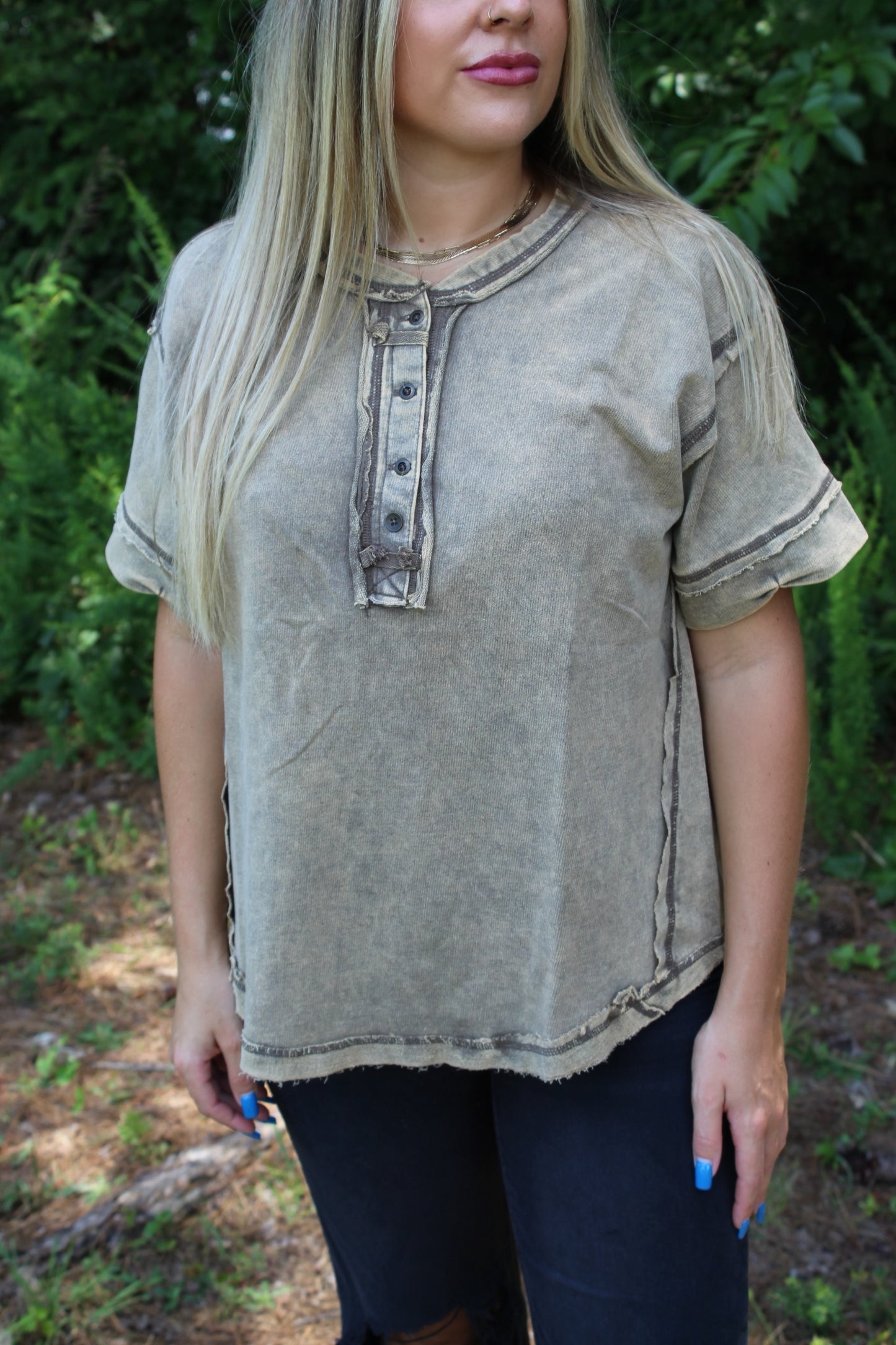 Raw Edge Button Closure Scoop Neck Top
