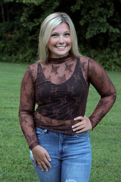 Sheer Lace Long Sleeve Top - Brown