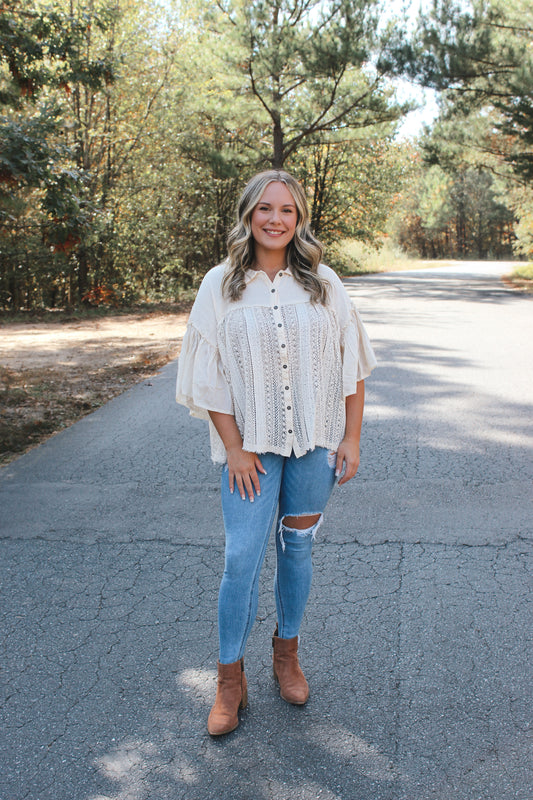 Oversized Crochet Button Down Top