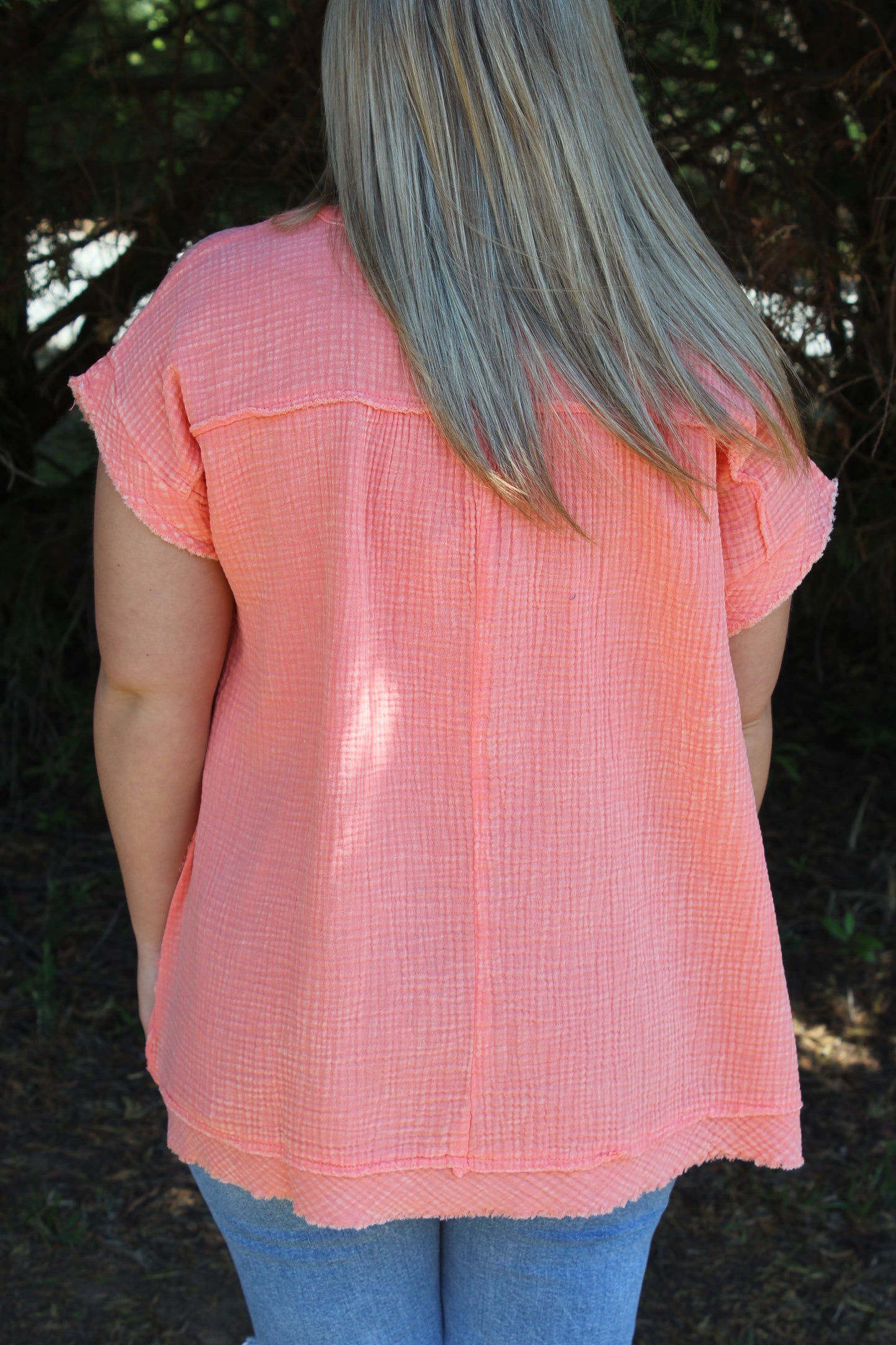 Washed Double Gauze Raw Edge Top - Coral