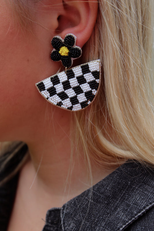 Daisy Retro Black + White Checkered Earrings