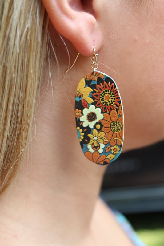 Oval Blooming Wooden Dangle Earrings