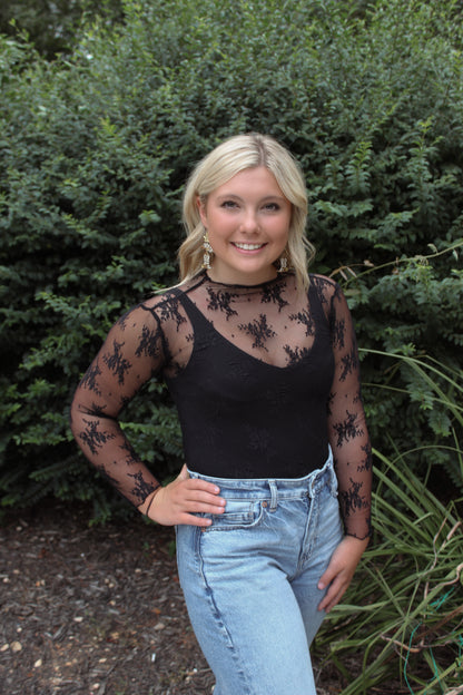 Sheer Lace Long Sleeve Top - Black