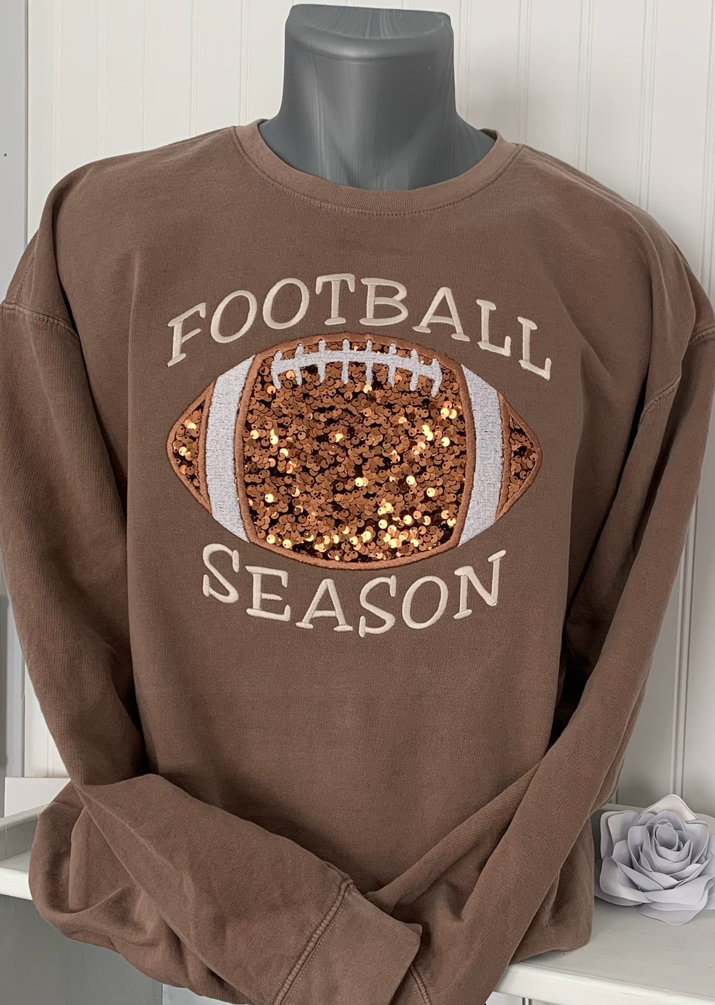 Football Season Sequin Embroidered Sweatshirt - Brown