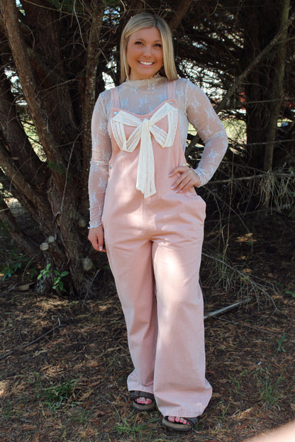 Bow Lace Ribbon Detailed Overalls - Light Mauve