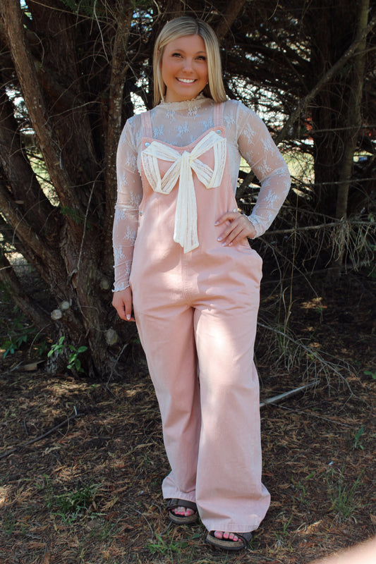 Bow Lace Ribbon Detailed Overalls - Light Mauve
