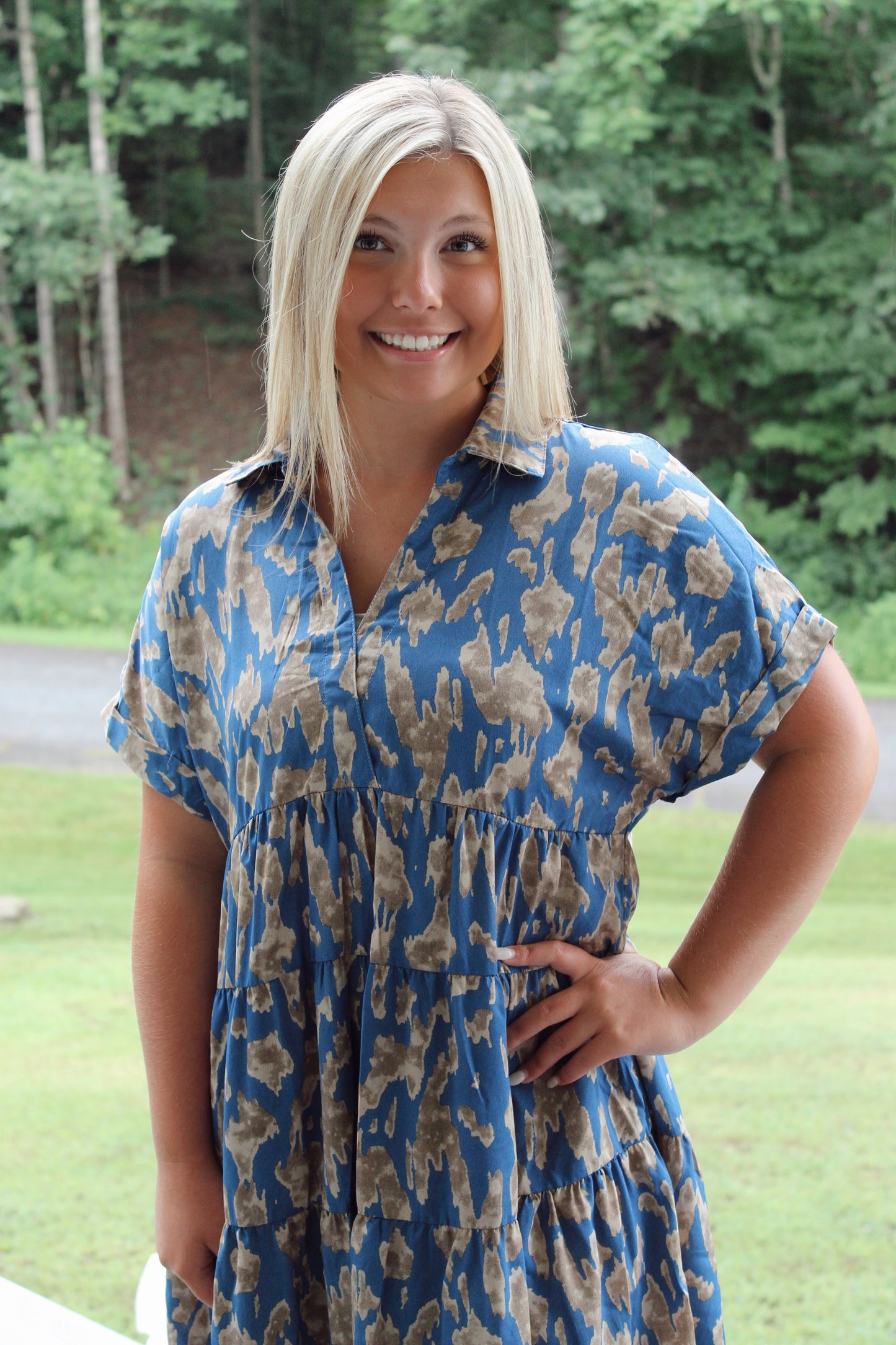 Animal Print Tiered Dress - Slate Blue