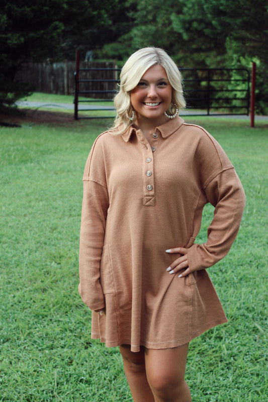 Casual Collared Henley Mini Dress - Camel