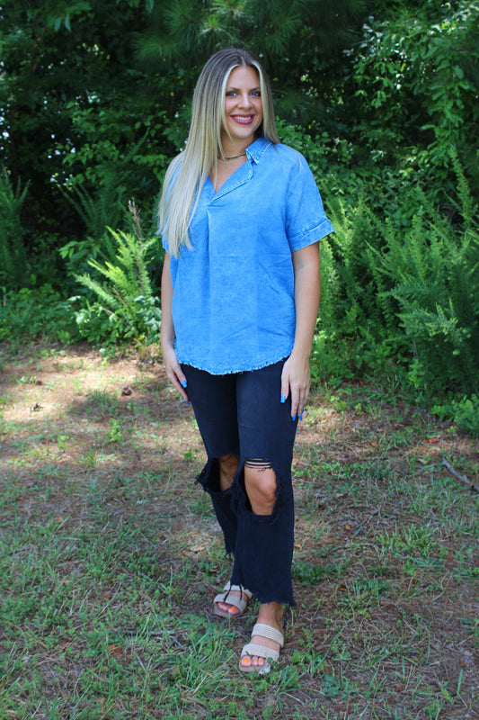 Washed Linen Raw Edge V-Neck Top