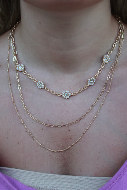 Layered Chain Necklace W/ Floral Pearl Accents