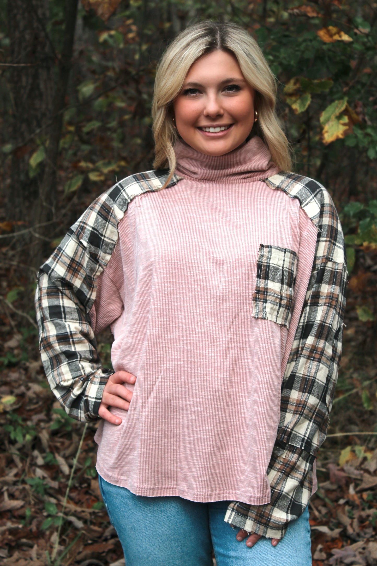 Turtle Neck Long Sleeve Plaid Top