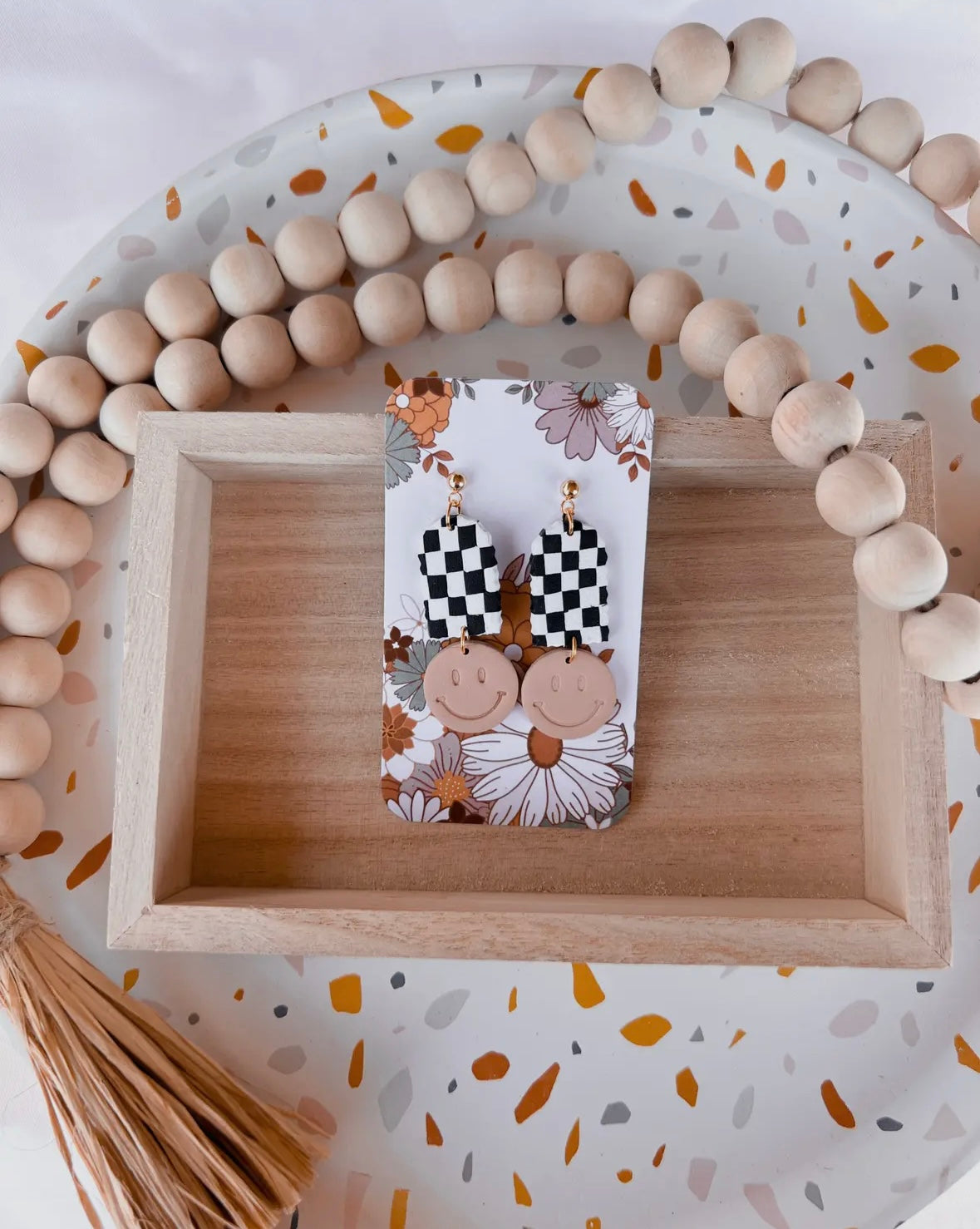 Smiley Face- Checkered- Clay Earrings