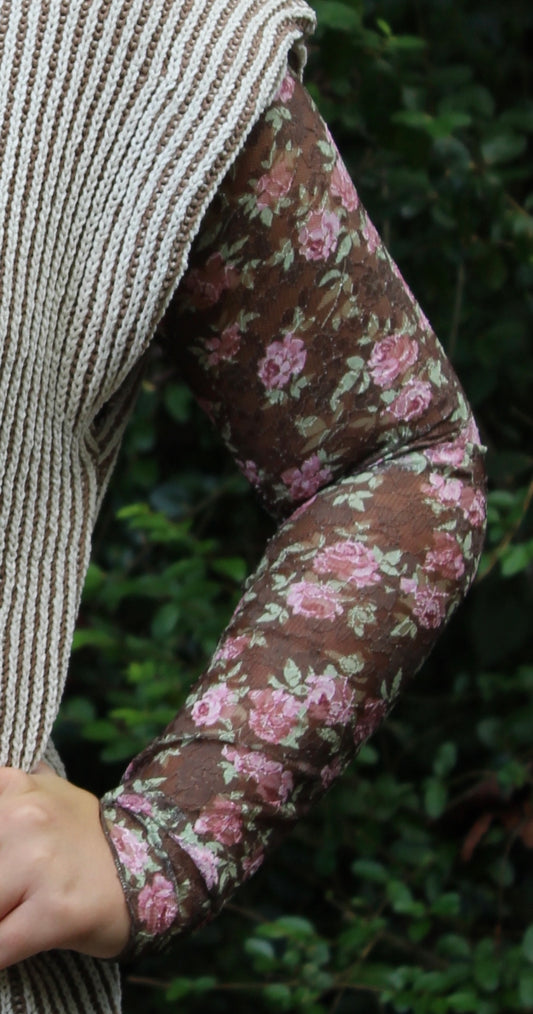 Chocolate Floral Fitted Mesh Lace Top